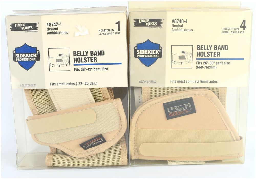 Lot 1177: Uncle Mike's Sidekick Professional Belly Band Holsters, Two New Old Stock Concealed Carry Sizes, Patented 1980s Era