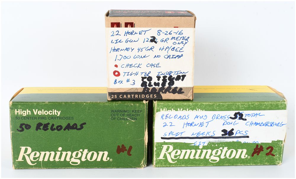 Lot 1201: A Collection of 107 Rounds of .22 Hornet Reloaded Ammunition and Brass Casings