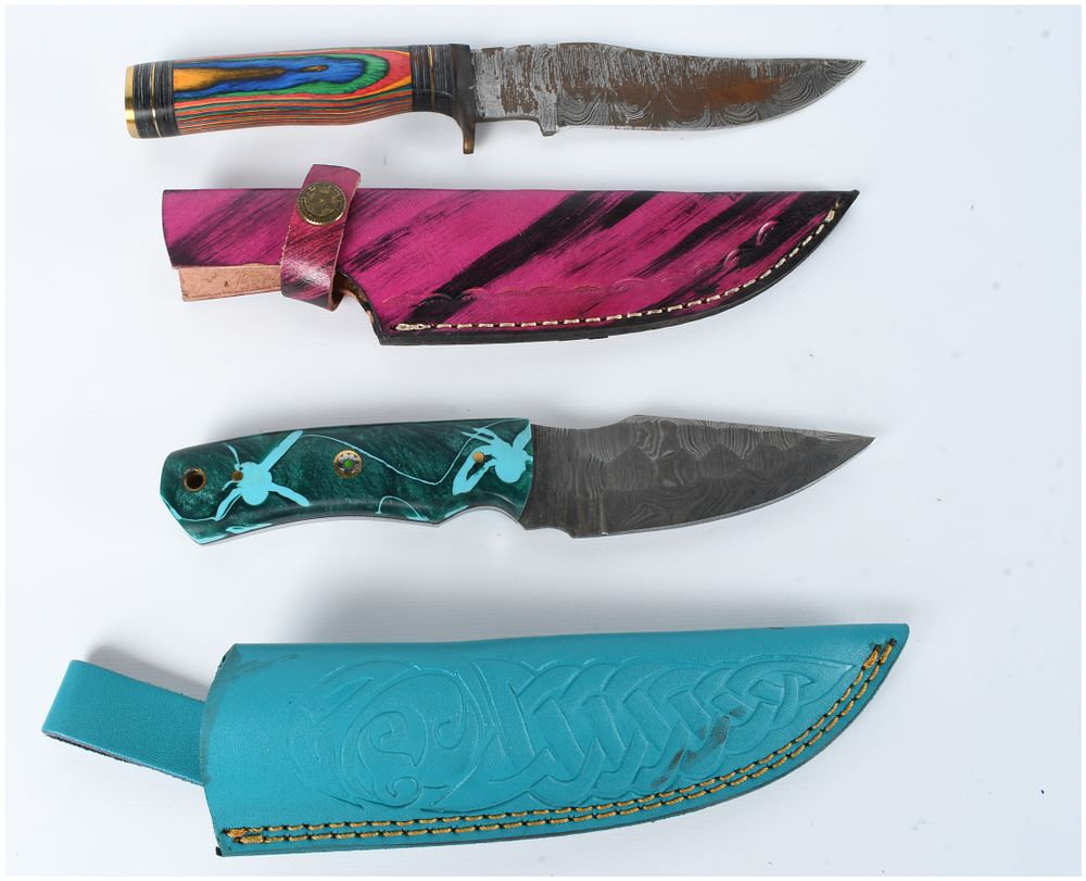 Lot 1205: Two Damascus Steel Fixed Blade Hunting Knives with Leather Sheaths