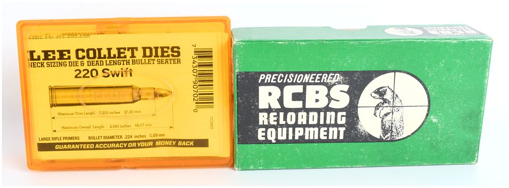 Lot 1214: Lee and RCBS Reloading Die Sets, .220 Swift and .222 Remington Calibers, Two Sets in Original Packaging