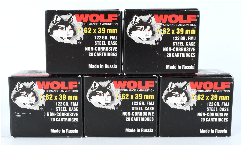 Lot 1243: Wolf Performance Ammunition 7.62 x 39 mm 122 Grain FMJ Steel Case Modern Production