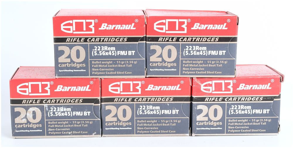 Lot 1249: Barnaul Cartridge Plant .223 Remington Ammunition, 100 Rounds FMJ BT, Early 21st Century