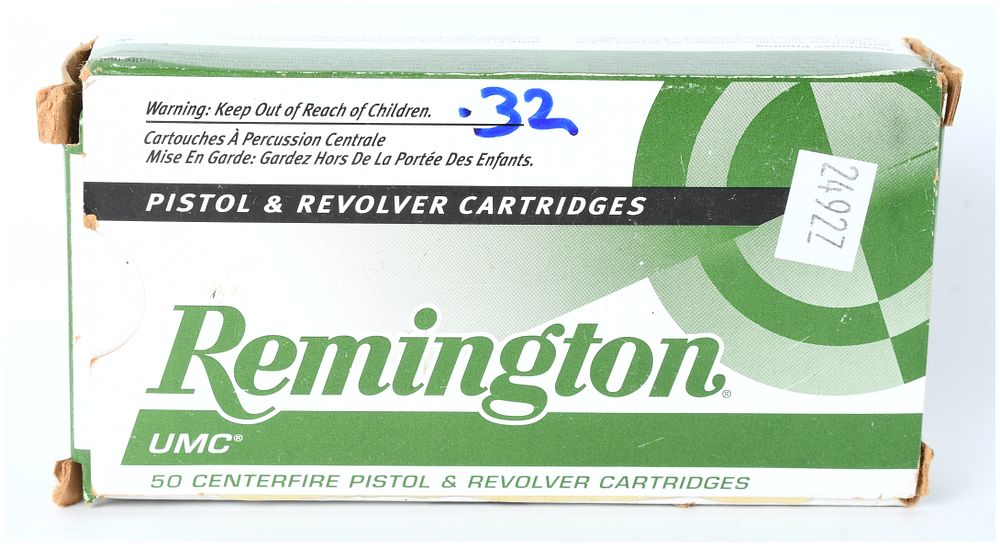 Lot 1255: Remington UMC .32 Automatic 71 Grain MC Centerfire Cartridges, Full Box