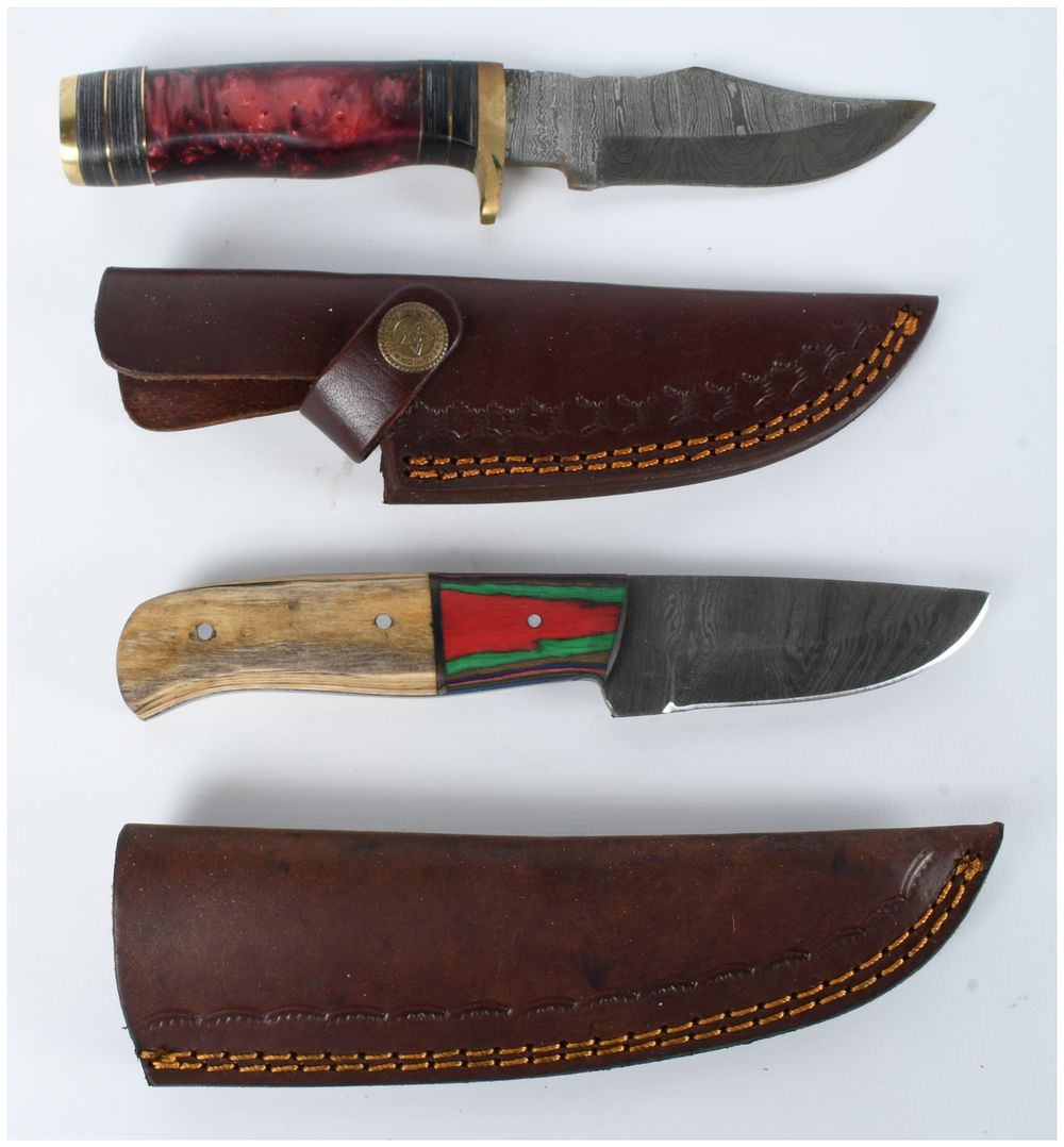 Lot 1295: Two Damascus Steel Fixed Blade Knives with Leather Sheaths