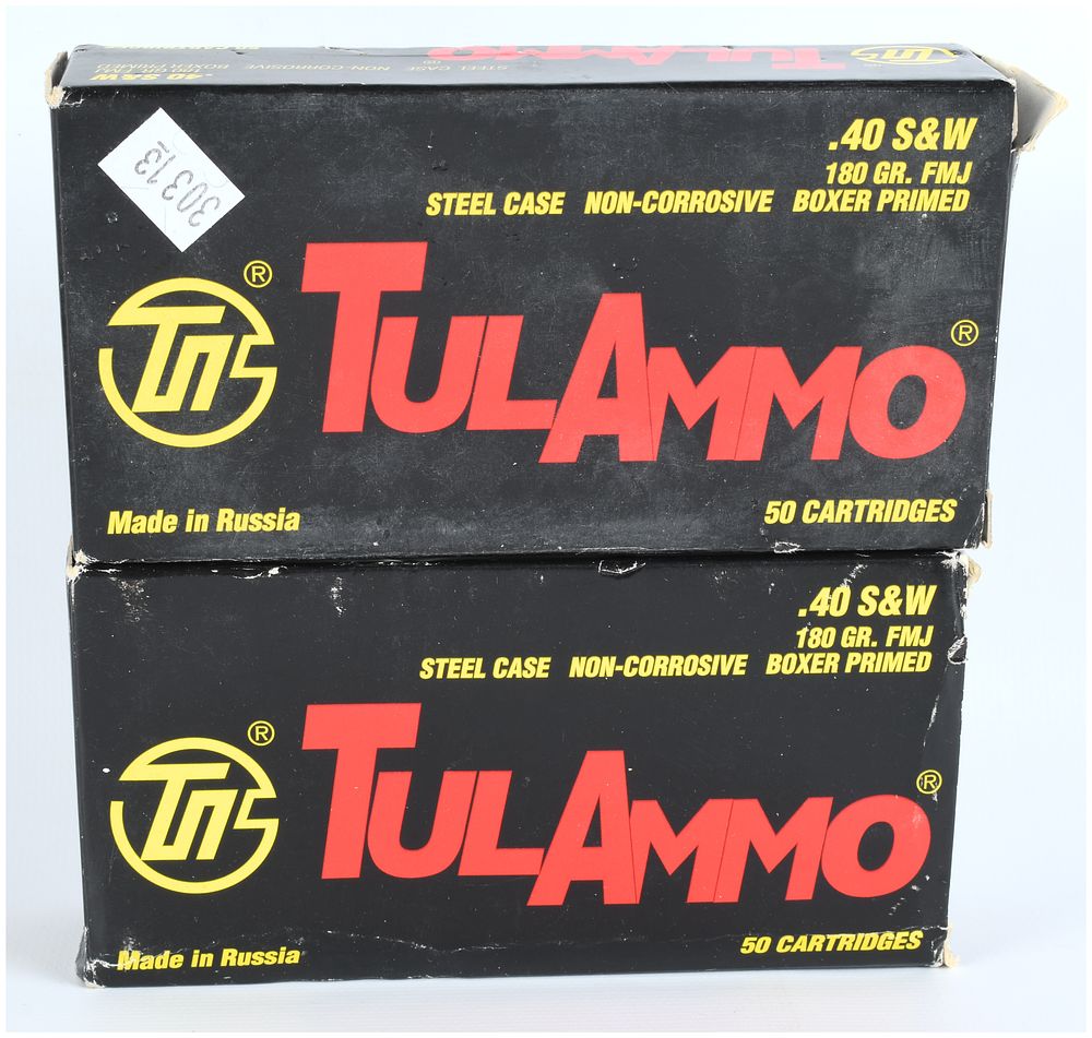 Lot 1303: TulAmmo .40 S&W 180 Grain FMJ Steel Case Ammunition, 100 Rounds, Circa 2010-2020