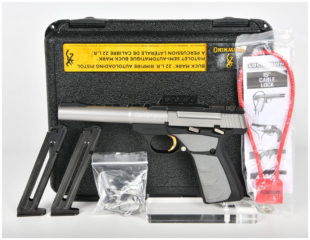 Lot 1323: Browning Buck Mark .22 L.R. Semi-Automatic Pistol with Two-Tone Finish and Accessories, 2014