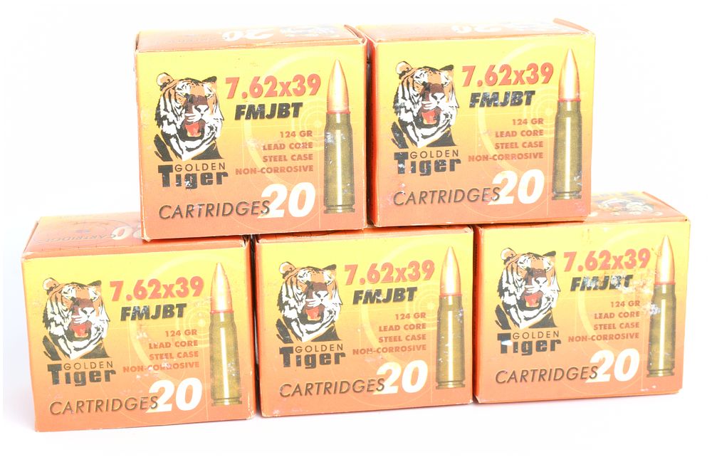Lot 1336: Golden Tiger 7.62x39 FMJBT 124 Grain Ammunition, Modern Production
