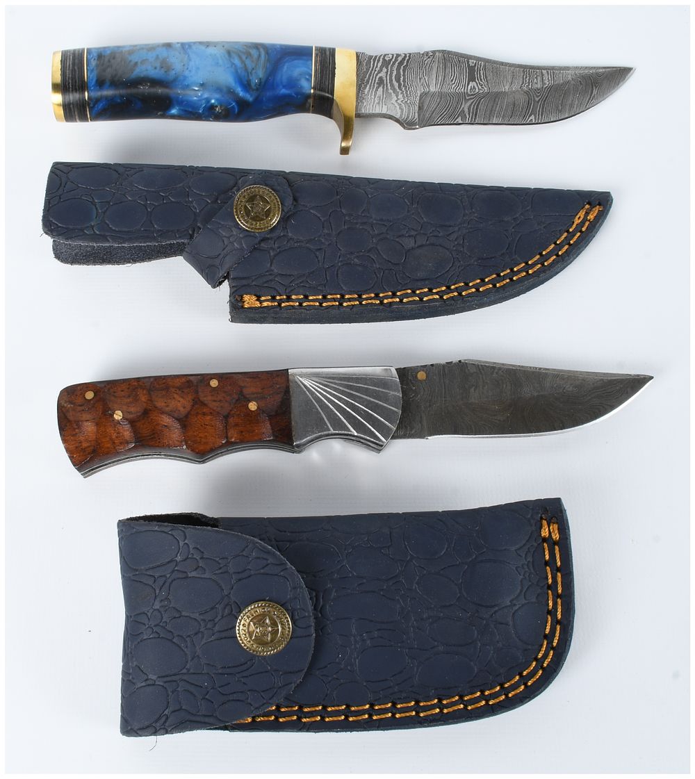 Lot 1355: Two Handmade Damascus Steel Knives with Sheaths