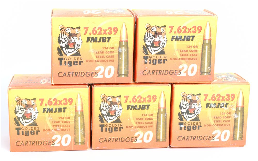 Lot 1396: Golden Tiger 7.62x39mm FMJBT Ammunition, 100 Rounds in Original Packaging, circa 2010s