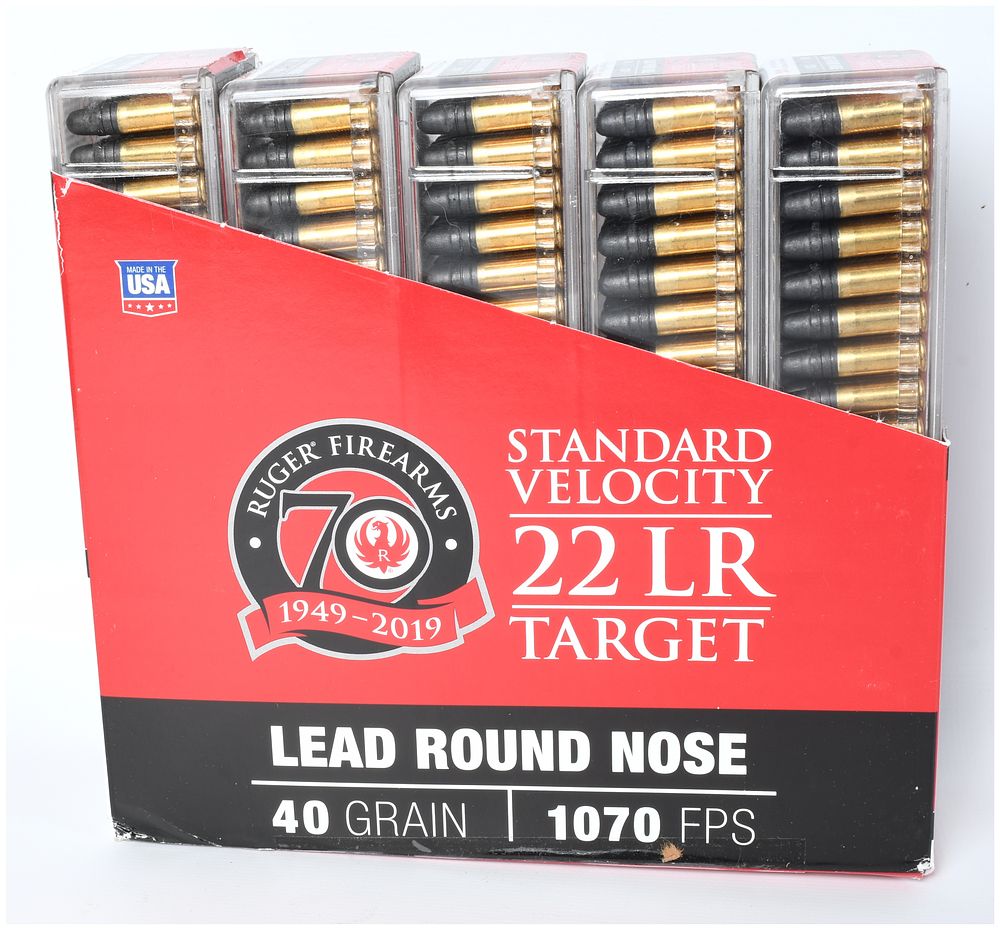 Lot 1408: Ruger Firearms 70th Anniversary Commemorative .22 LR Ammunition Standard Velocity 2019