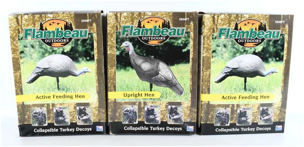 Lot 1412: Flambeau Outdoors Collapsible Turkey Decoys, Three Hen Models, New in Box, Modern Era