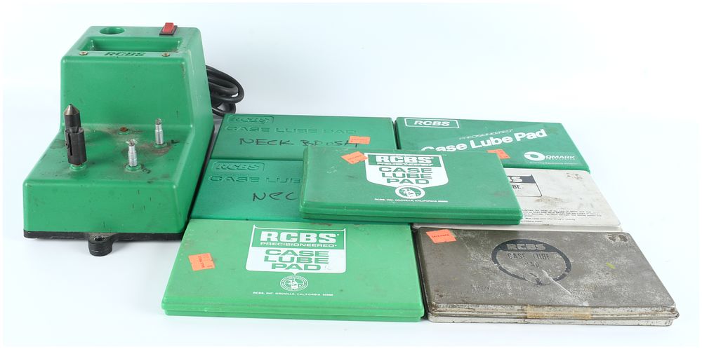 Lot 1427: RCBS Motorized Case Preparation Station and Collection of Seven Case Lube Pads, Mid-to-Late 20th Century