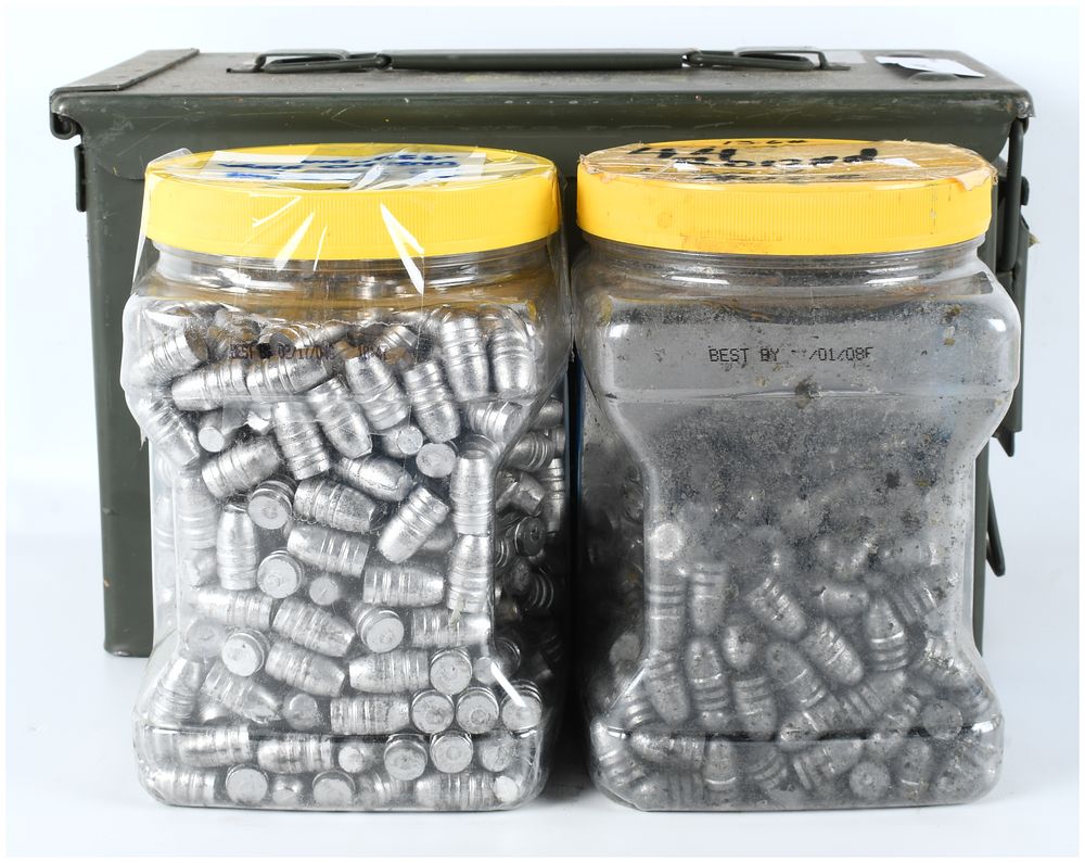Lot 1435: Military Ammunition Can with Two Jars of Cast Lead Reloading Bullets, Circa 2000s