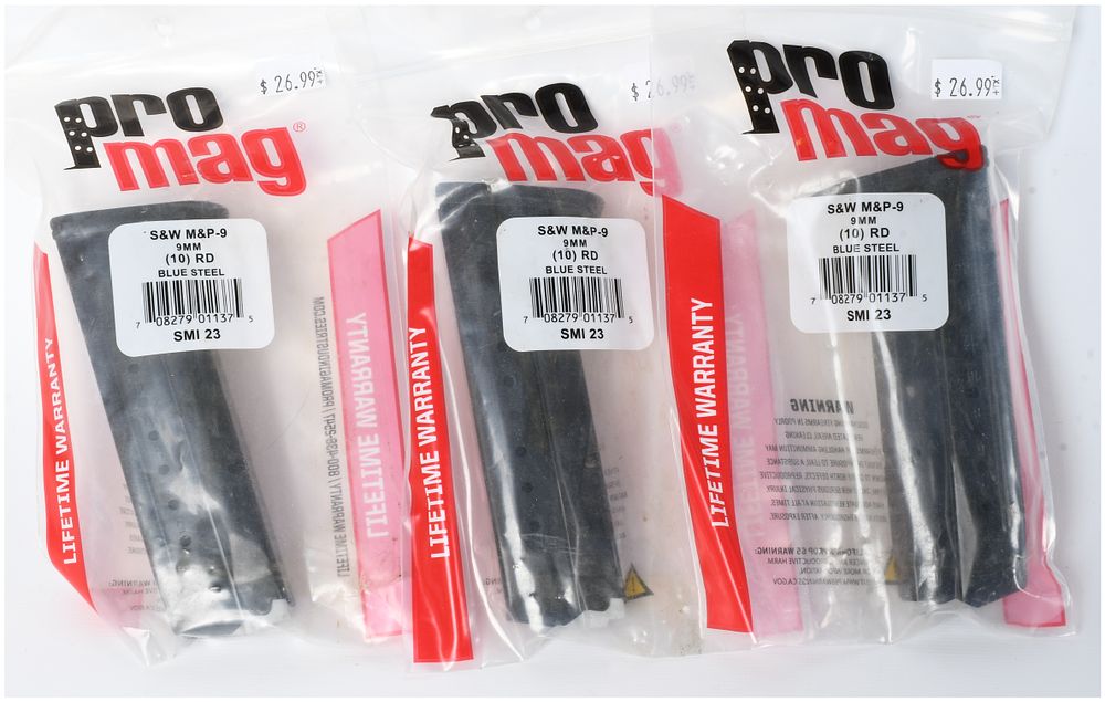 Lot 1477: A Trio of ProMag SMI23 Smith & Wesson M&P9 10-Round 9mm Blue Steel Magazines