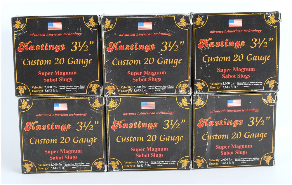 Lot 1528: Hastings Custom 20 Gauge 3 1/2-Inch Super Magnum Sabot Slugs, 30 Shells, Late 20th Century