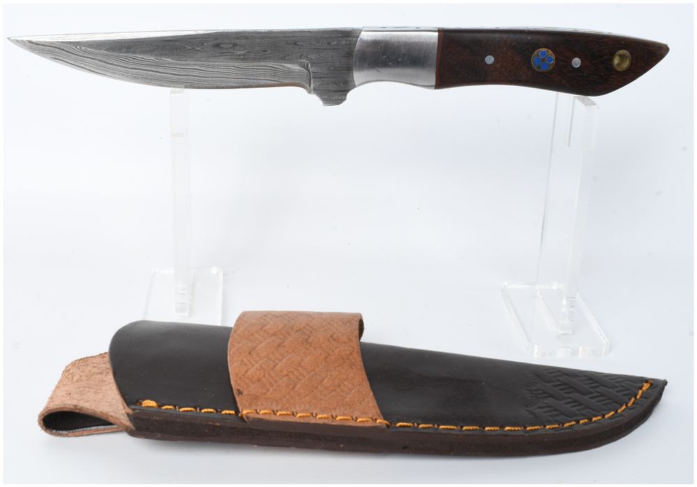 Lot 1540: Custom Handmade Damascus Steel Fixed Blade Hunting Knife with Leather Sheath