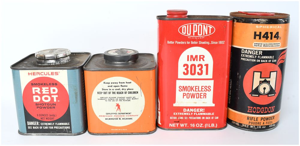 Lot 1547: Collection of Four Vintage Smokeless Gunpowder Tins, Hercules, DuPont, and Hodgdon, circa 1950s-1970s