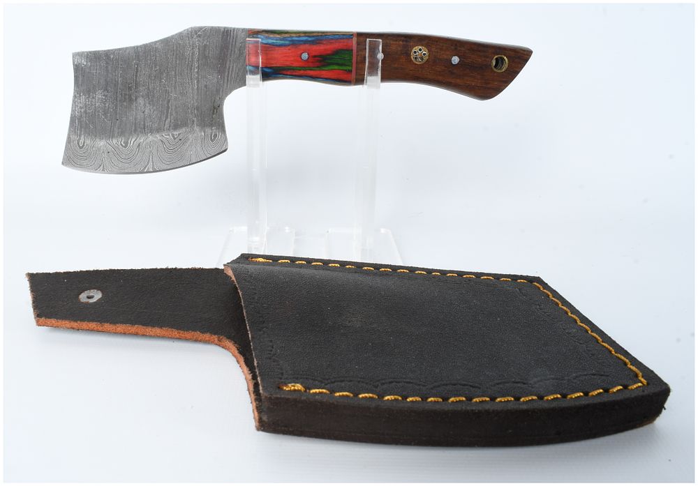 Lot 62: Unmarked Damascus Steel Fixed Blade Cleaver Knife with Composite Wood Handle