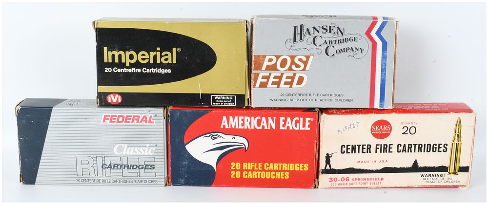 Lot 70: A Lot of 90 .30-06 Springfield Centerfire Rifle Cartridges with Five Original Boxes