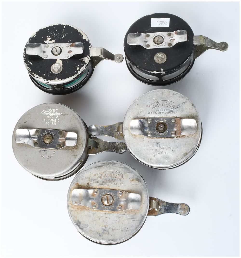 Lot 83: A Collection of 5 Vintage Automatic Fly Fishing Reels Including Shakespeare and Wolverine