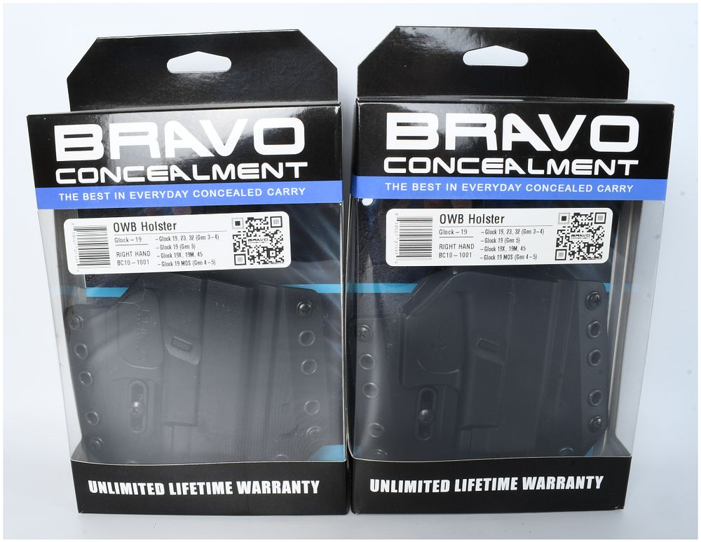 Lot 92: A Pair of Bravo Concealment BC10-1001 OWB Holsters for Glock 19 Series Pistols