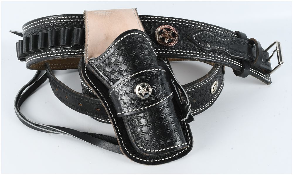 Lot 113: A Pair of Western Tooled Leather Gun Belt and Holster Components, Size 44