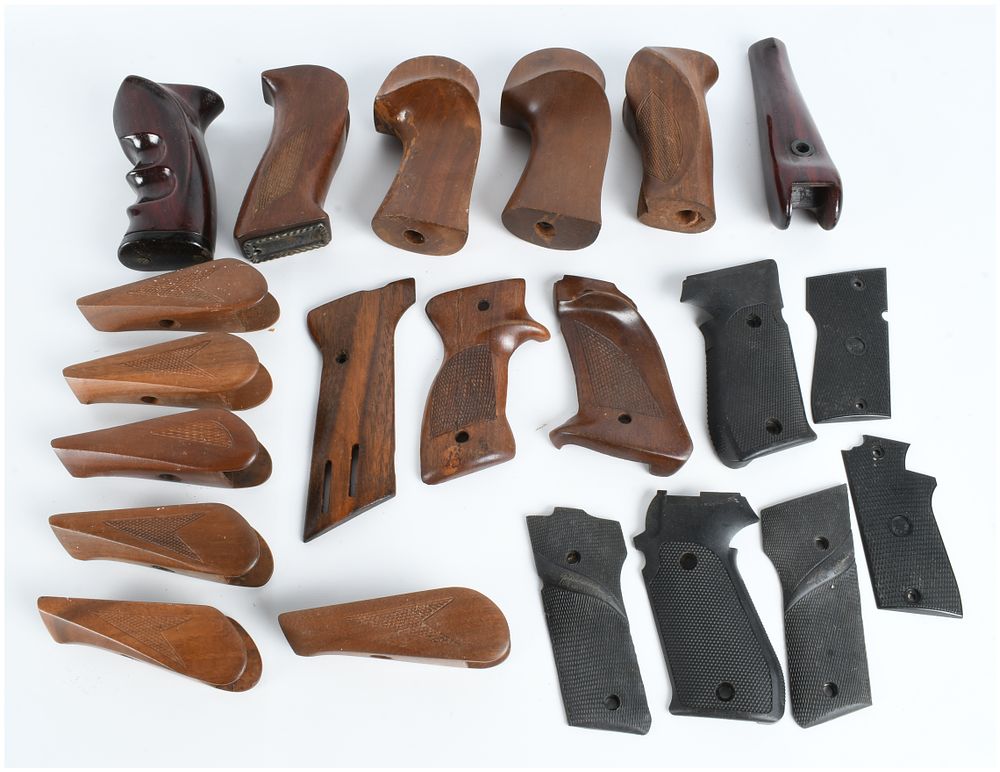 Lot 118: A Collection of 21 Assorted Handgun Grips and Long Gun Forends including Pachmayr and Target Styles