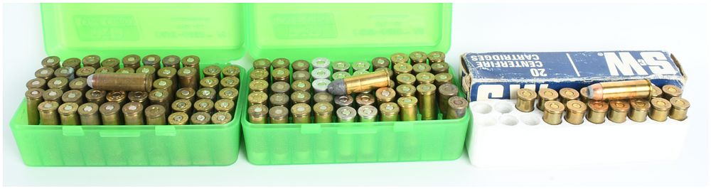 Lot 130: A Lot of 112 Mixed Caliber Centerfire Handgun Cartridges Including .44 Magnum and .44 S&W Special