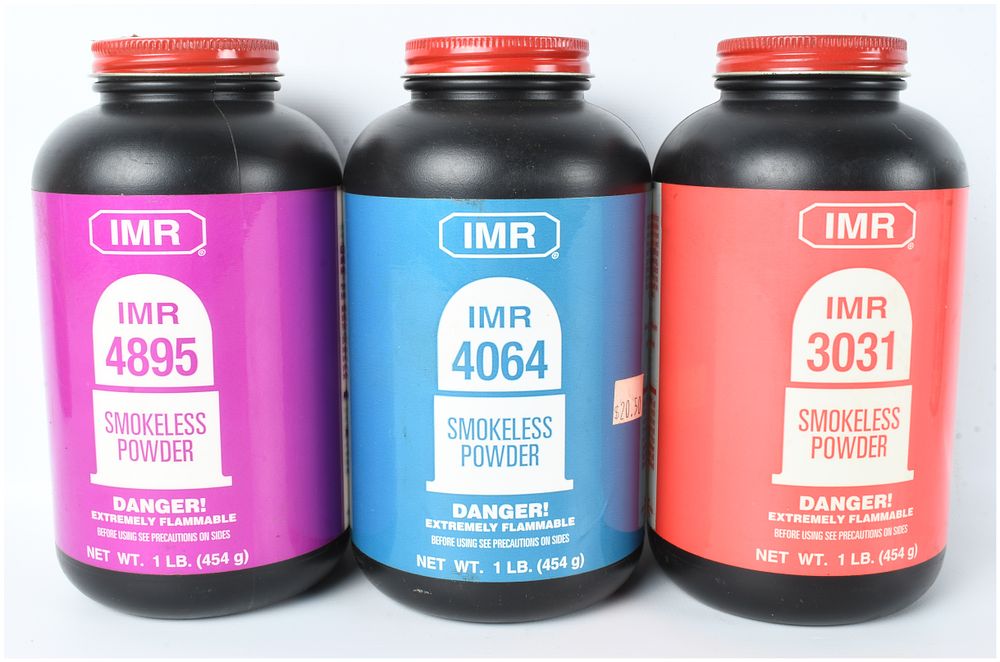 Lot 199: A Trio of IMR Smokeless Rifle Powder Canisters including IMR 4895 IMR 4064 and IMR 3031 totaling 2.5 Lbs