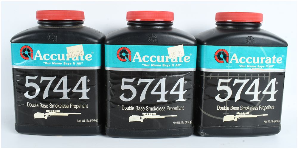 Lot 229: A Trio of Accurate 5744 Double Base Smokeless Propellant 1 Pound Bottles with 2 Lbs Of Powder Total