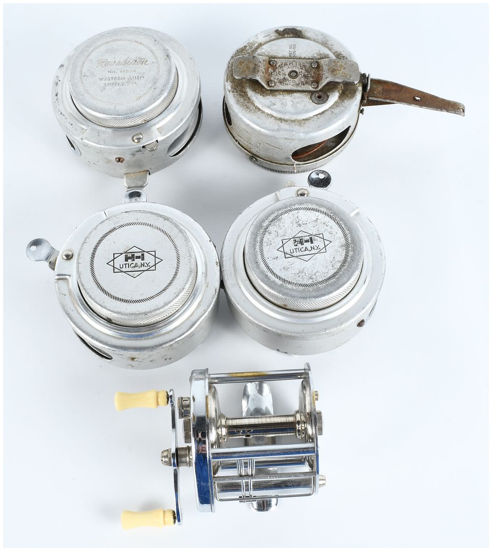 Lot 263: A Collection of 5 Vintage Automatic Fly and Baitcasting Fishing Reels Including South Bend and Martin