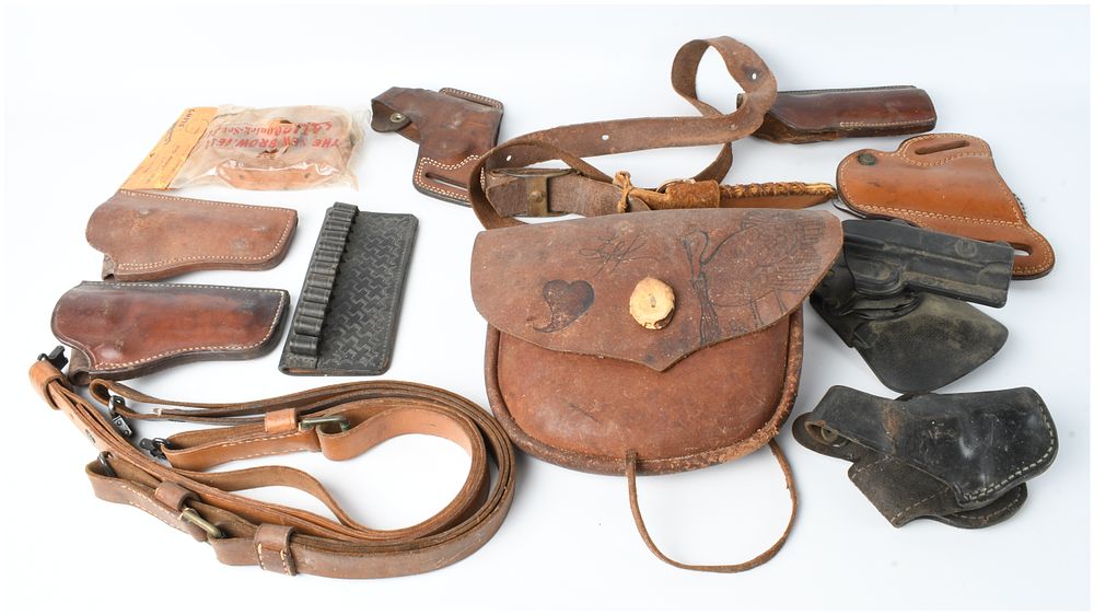 Lot 355: An Assortment of Leather and Synthetic Firearm Accessories Including Slings Holsters and a Hunting Pouch