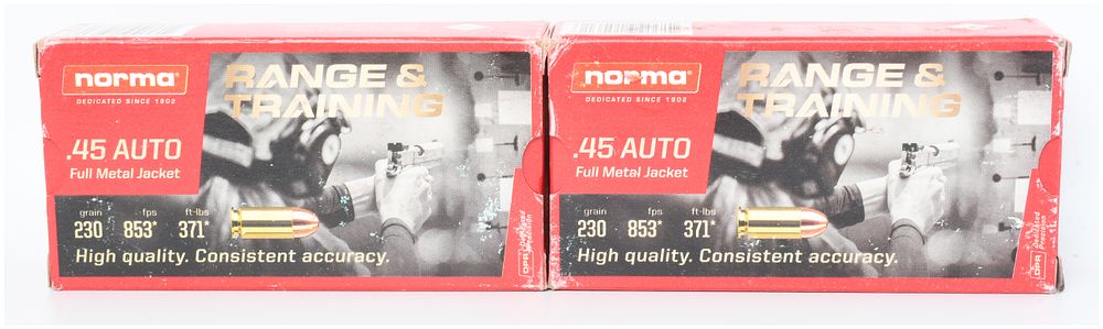 Lot 361: A Lot of 100 Rounds of Norma Range & Training .45 Auto Ammunition