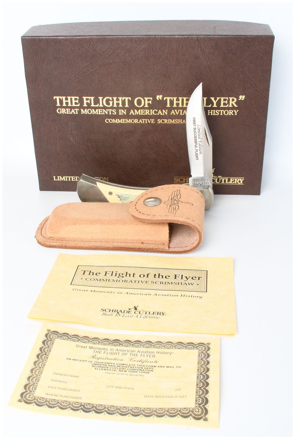Lot 401: Schrade USA LB7 The Flight of the Flyer Commemorative Scrimshaw Lockback Knife