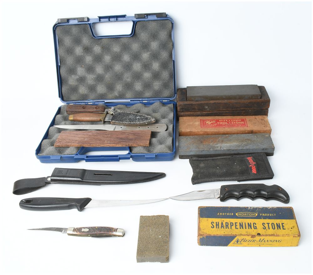 Lot 418: A Collection of Knives and Sharpening Stones Including Kershaw, Camillus, and Fiskars