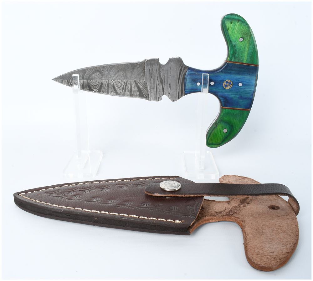 Lot 422: Damascus Steel Push Dagger with Laminated Wood Handle and Leather Sheath