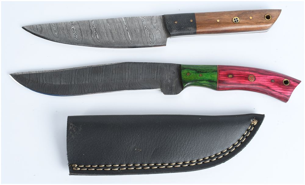 Lot 482: Two Handmade Damascus Steel Full Tang Hunting Skinner Knives with Leather Sheath