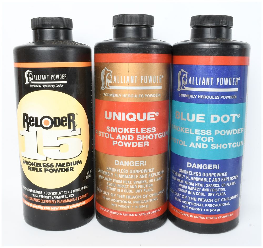 Lot 553: A Trio of Alliant Powder Smokeless Gun Powders Including Reloder 15 Unique and Blue Dot