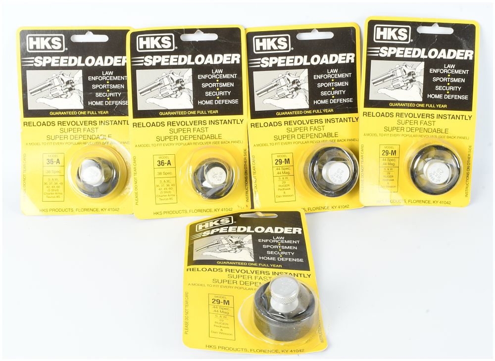 Lot 565: A Group of 4 HKS 36-A and 29-M Revolver Speedloaders .38 Special and .44 Magnum
