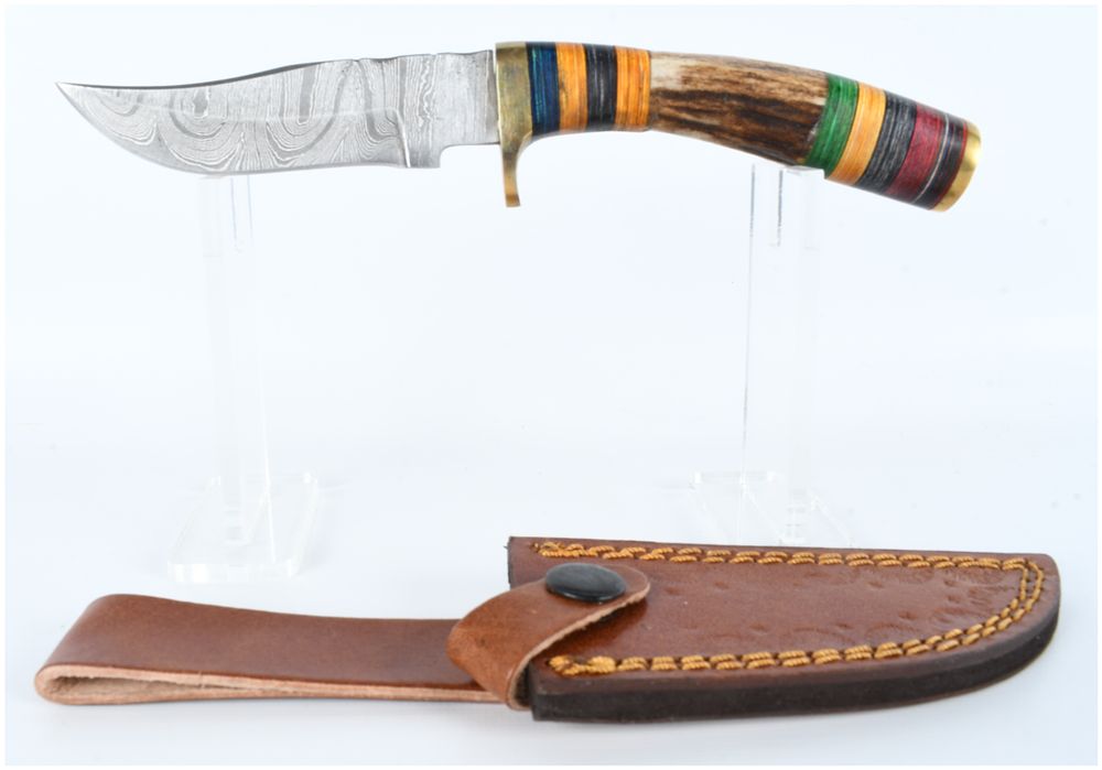Lot 572: Damascus Steel Clip Point Hunting Knife with Stag and Multi-Colored Spacer Handle