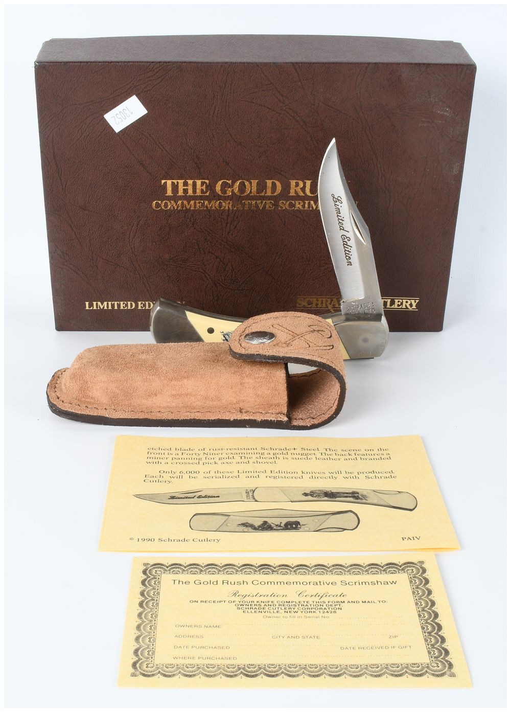 Lot 1052: Schrade USA Limited Edition Gold Rush Commemorative Scrimshaw Lockback Knife