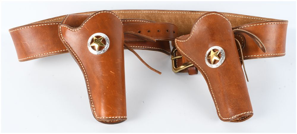 Lot 1079: B.J. Maker Custom Leather Double Holster Gun Rig, Size 46