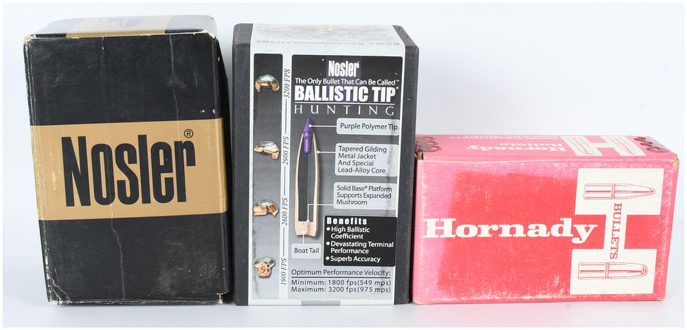 Lot 1093: A Trio of Boxes of Nosler and Hornady Ballistic Tip and V-MAX Bullets .243 Caliber