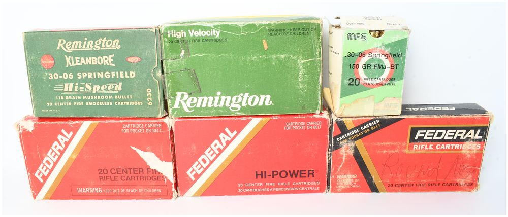 Lot 1129: A Lot of 6 Boxes of Remington, Federal, and MFS .30-06 Springfield Ammunition