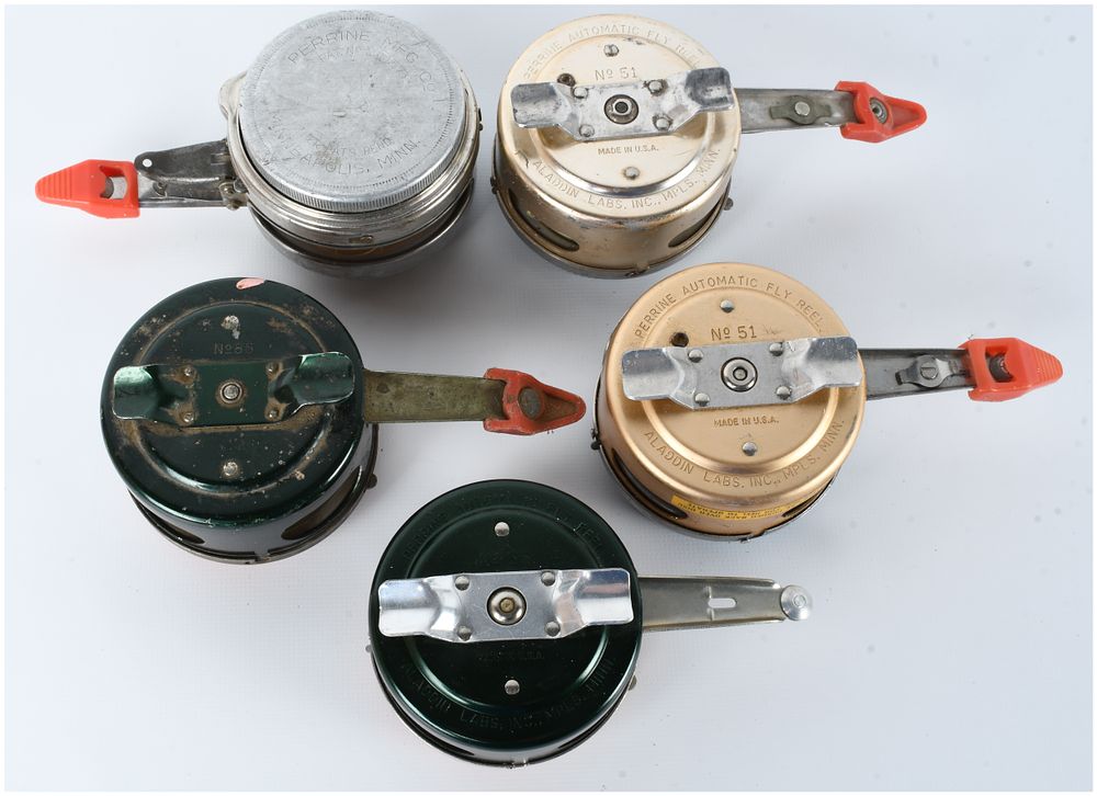 Lot 1142: A Collection of 5 Vintage Perrine Automatic Fly Fishing Reels