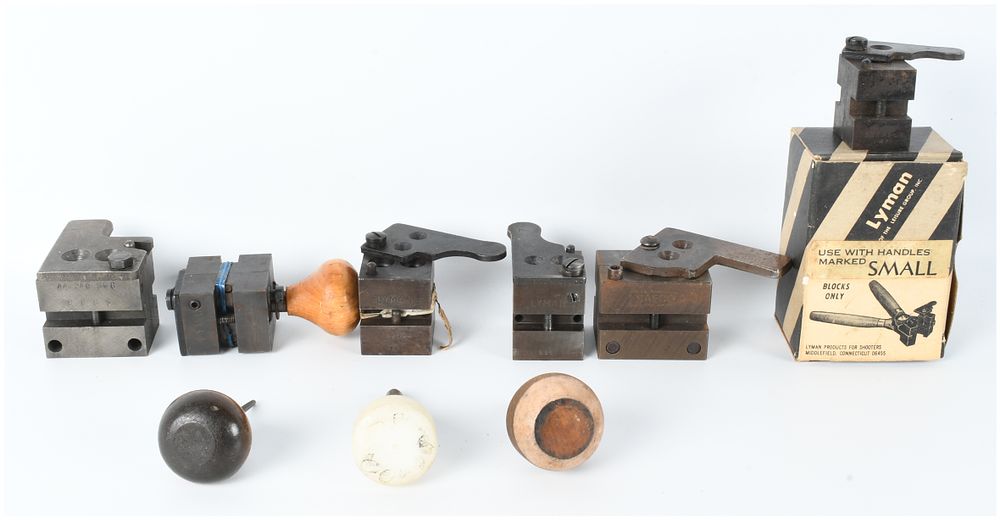 Lot 1204: A Collection of 9 Lyman RCBS and SAECO Bullet Mold Blocks and Reloading Tools