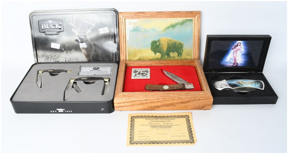 Lot 1232: A Collection of Commemorative and Collector Folding Knives Including Buck and Schrade