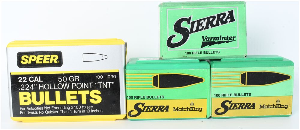 Lot 1243: A Lot of 4 Boxes of Speer and Sierra .22 Caliber (.224) Reloading Bullets