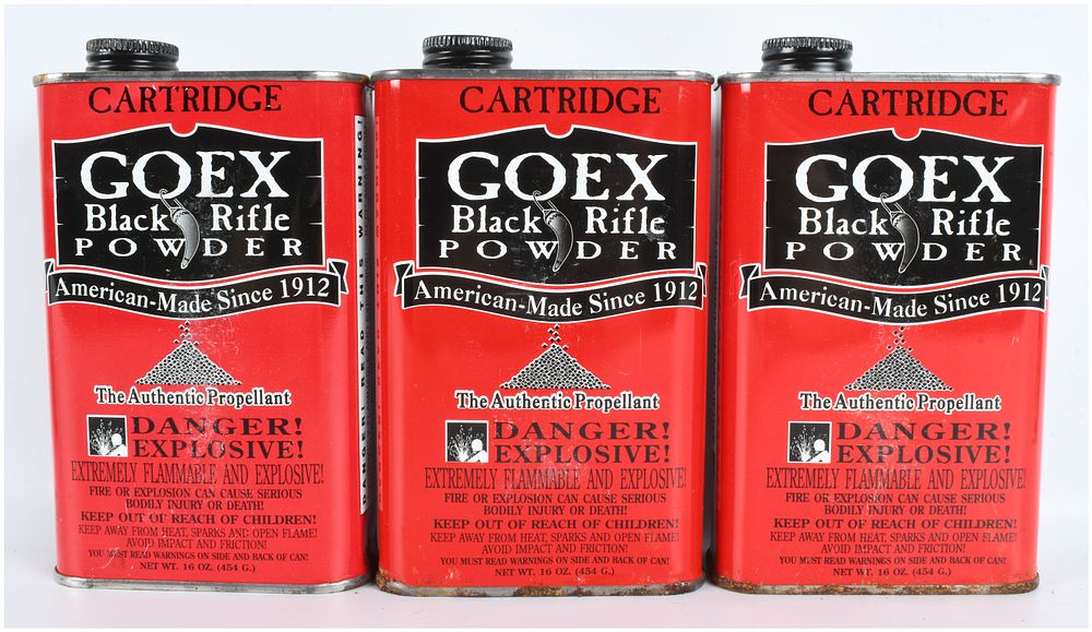 Lot 1258: A Trio of GOEX Cartridge Grade Black Rifle Powder 1 Lb Canisters 3 LBS Total