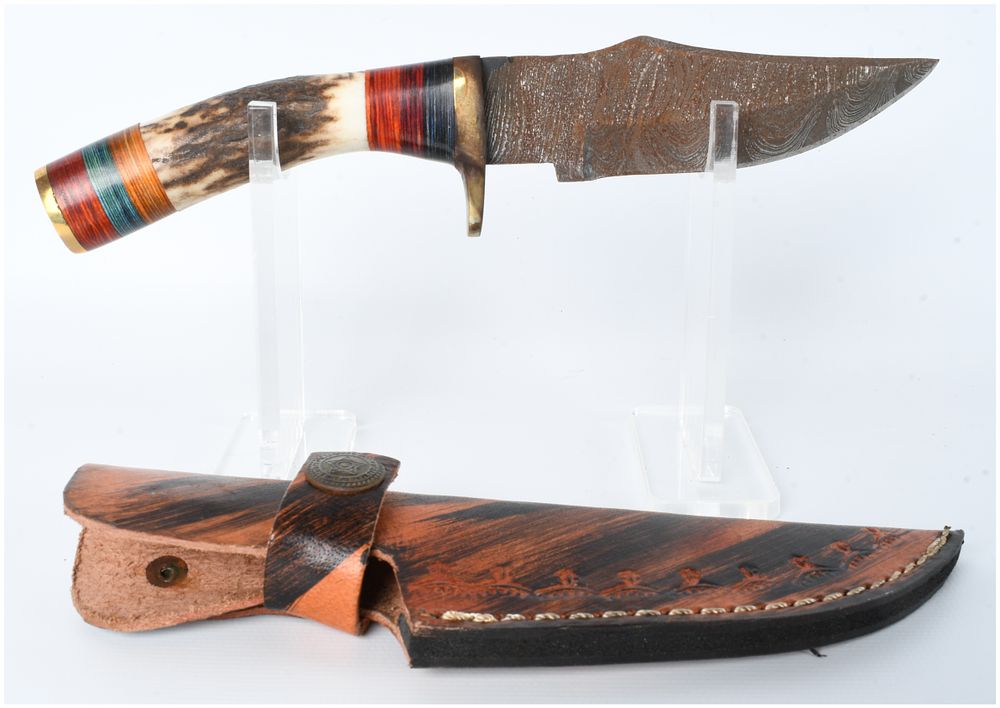 Lot 1301: Damascus Steel Clip-Point Hunting Knife with Stag and Pakkawood Handle